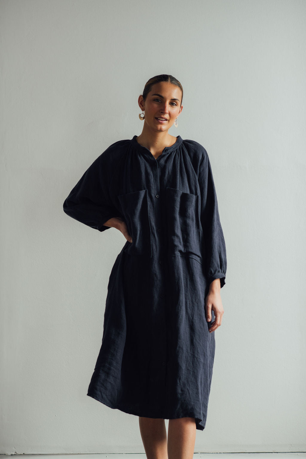 Gathered Linen Shirt Dress