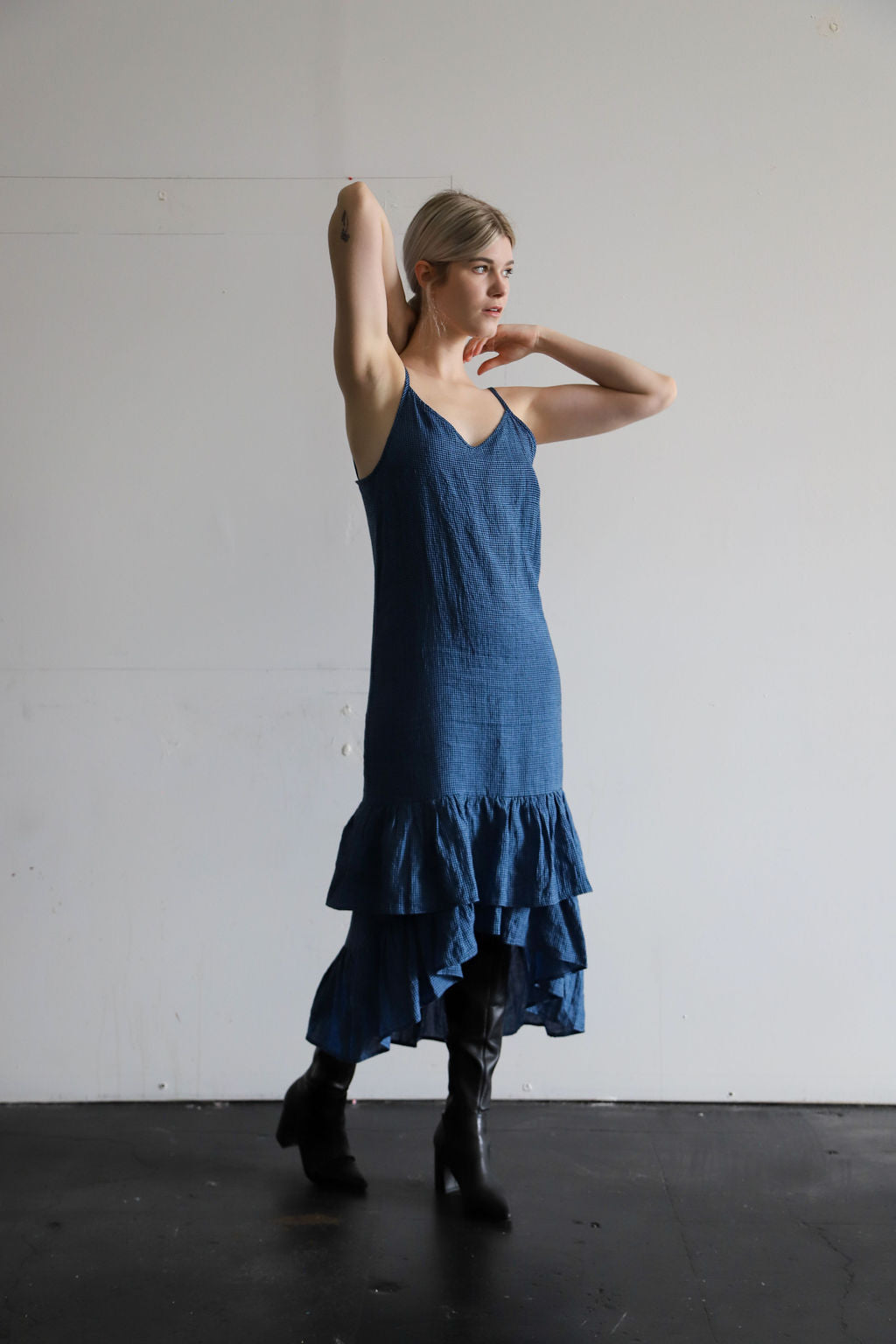 Spaghetti Strap V Neck Ruffled Hem Shift Dress Joeleen Torvick