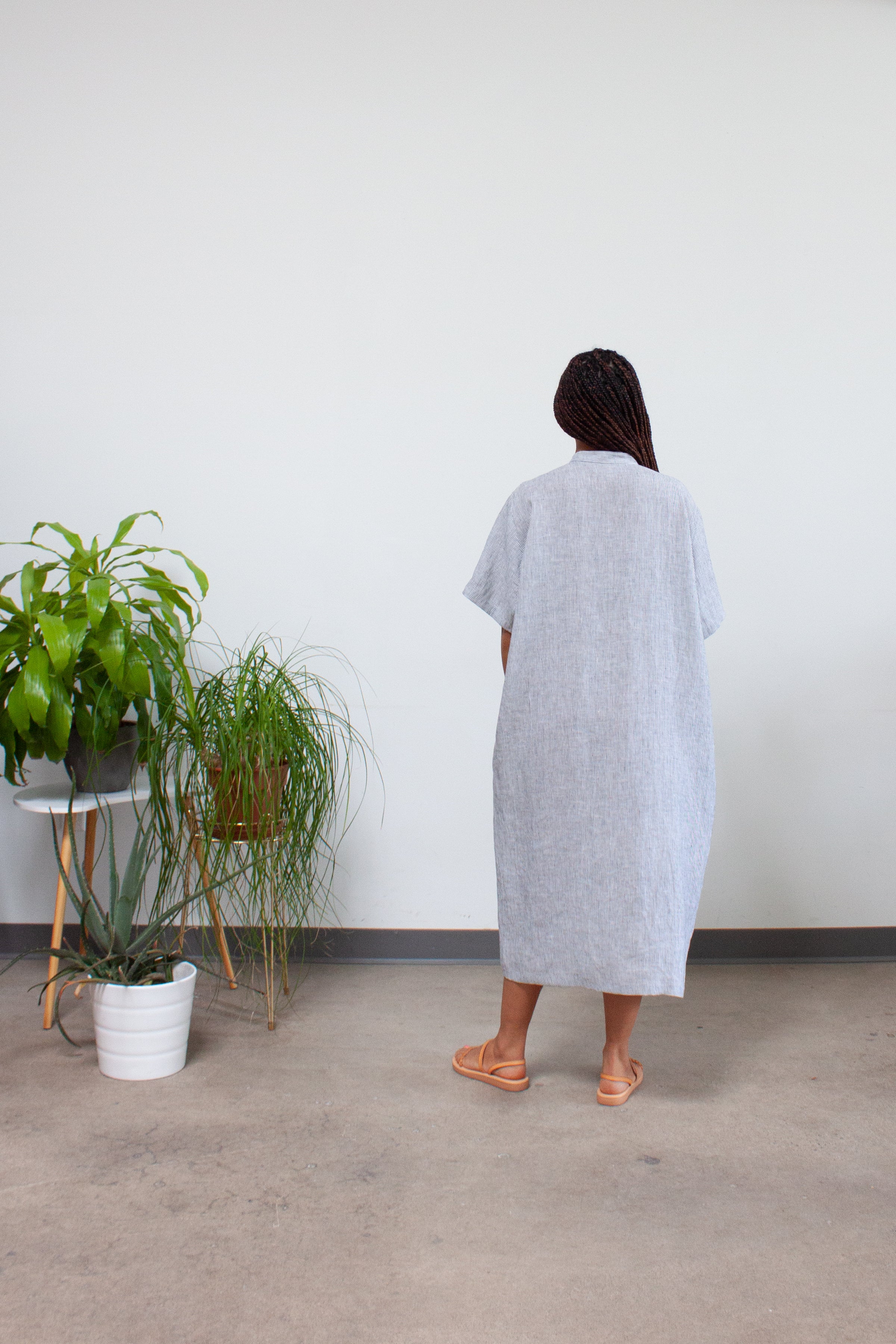 Casual Shirt Dress - Linen L/XL / White/Black Stripe Casual Shirt Dress - Linen L/XL / White/Black Stripe